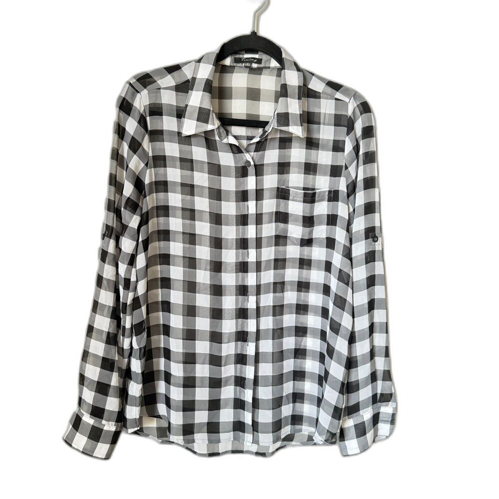 Women's Plaid Roll Tab Button Down Blouse Size M Sheer Black White Buffalo Check